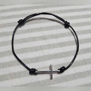 LA Black Cord Bracelet with Sterling Silver Cross Adjustable (Unisex)